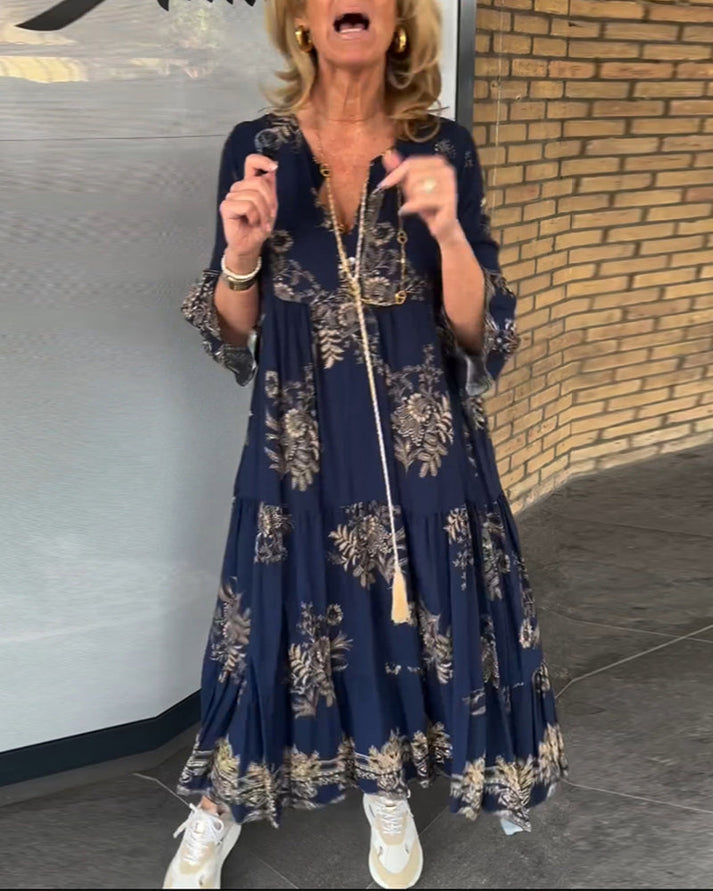 Vintage dames maxi jurk met V-hals en losvallend silhouet