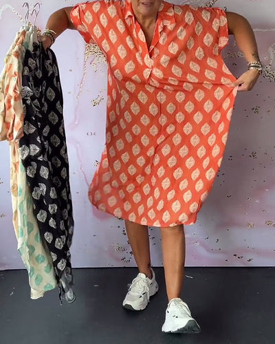 Elegante midi overhemdjurk met korte mouwen in boho stijl