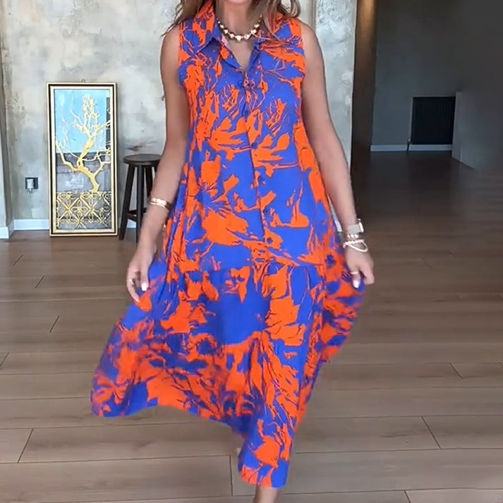 Zomerse maxi jurk zonder mouwen met knoopdetail en omslag