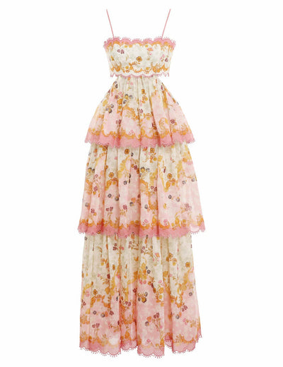 Bloemenjurk met spaghettibandjes en tiered ruffle zoom in maxi lengte