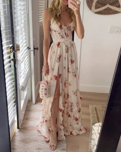 Maxi jurk met bloemenprint fijne bandjes en subtiele corsetstijl