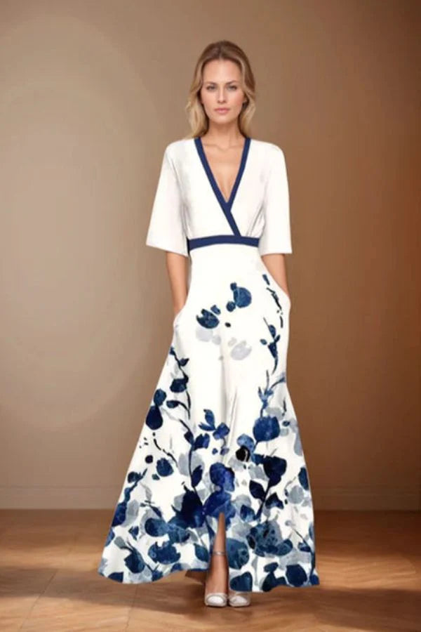 Lang dames maxi jurk met ceintuur en korte mouwen