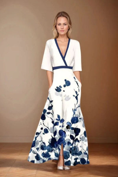 Lang dames maxi jurk met ceintuur en korte mouwen
