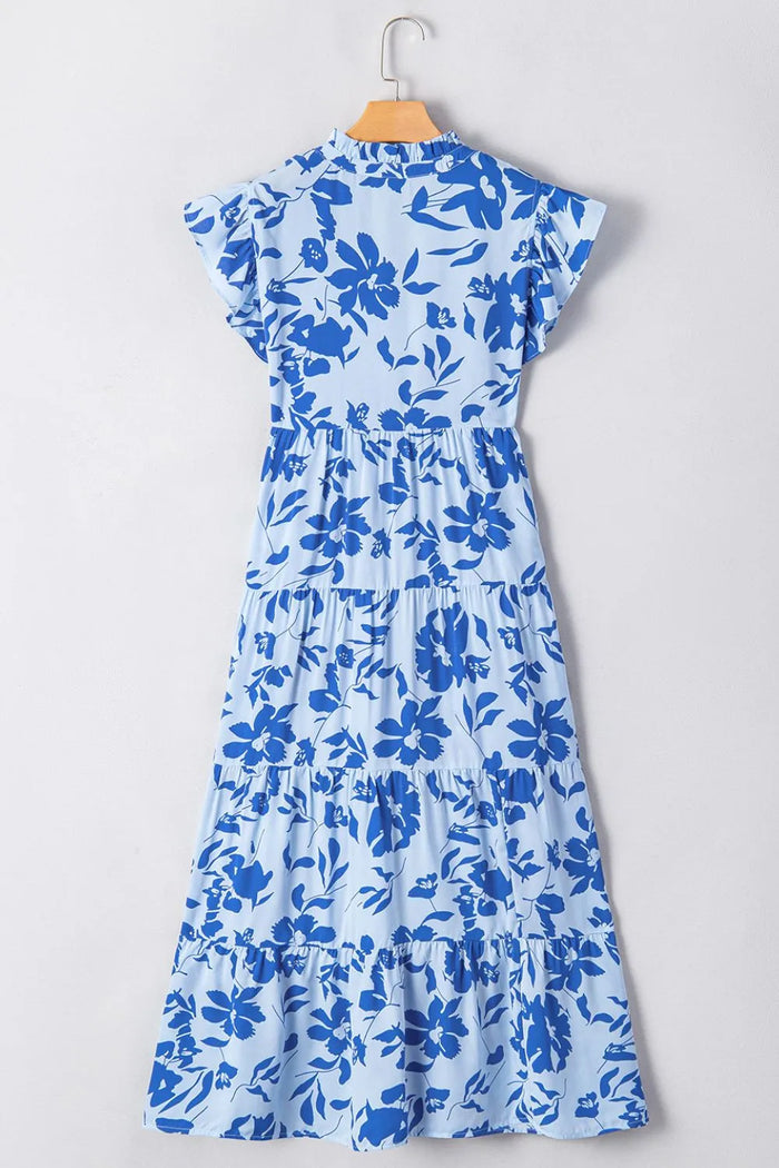 Midi jurk met bloemenprint gelaagde rok en speelse franjemouwen