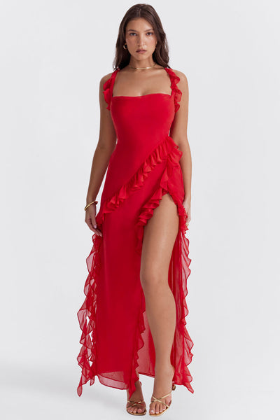 Elegante maxi jurk met geplooide details op de schouderbanden