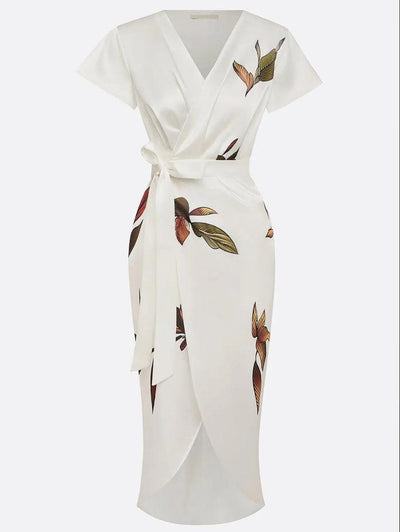 Elegante midi overslagjurk met bladprint v hals en korte mouwen