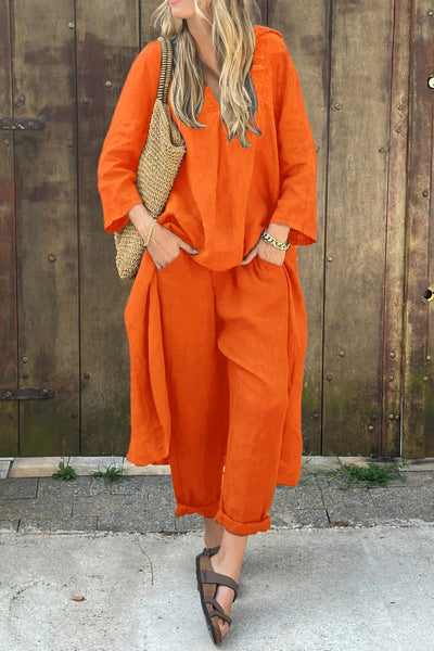 Luchtig damespak met lange blouse en losse broek voor een stijlvolle zomerse uitstraling
