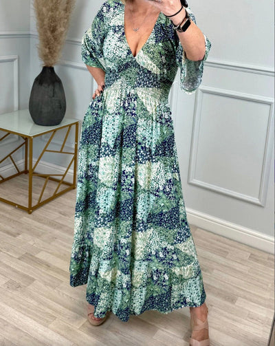 Lange casual damesjurk met print korte mouwen en moderne halslijn