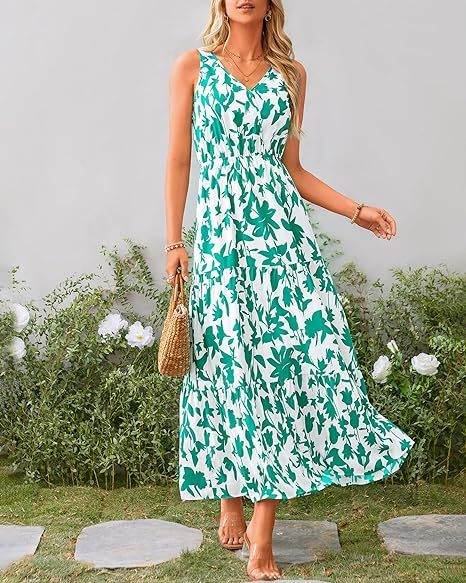 Elegante lange maxi jurk zonder mouwen met vloeiende uitstraling