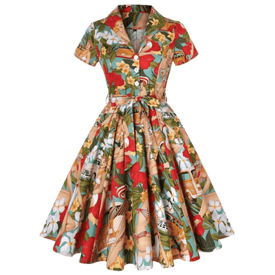 Vintage dames mini-jurk met natuurlijke print en elegante uitstraling