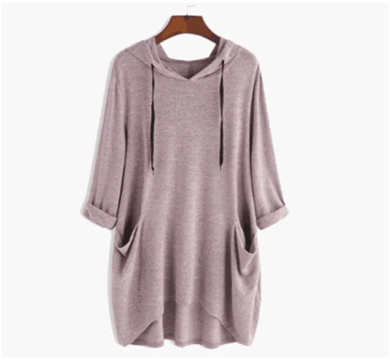 Helen - Vrouwen Hooded Solid Color Los Sweatshirt, Onregelmatige Zak Top