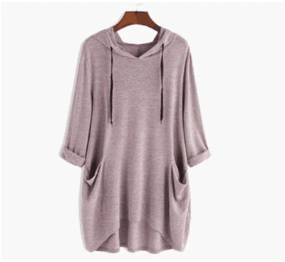 Helen - Vrouwen Hooded Solid Color Los Sweatshirt, Onregelmatige Zak Top