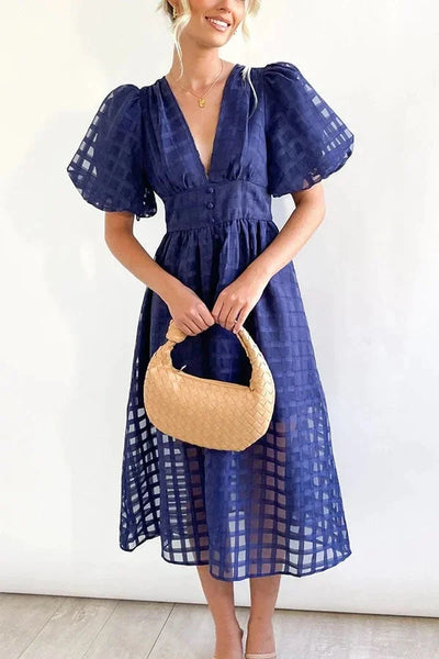 Nicole - Midi jurk met vierkante print en mouwen met ruches by Beauty