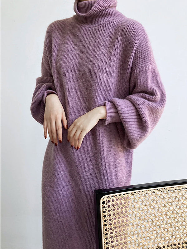 Lila Losse Hoge Hals Lange Puff Mouw Trui Jurk - Perfect voor Casual Chic