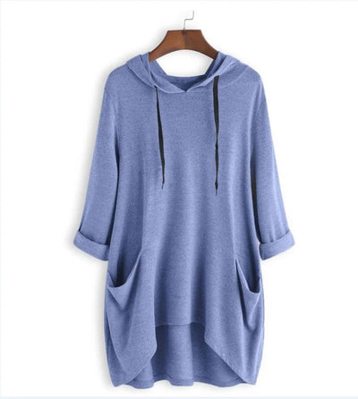 Helen - Vrouwen Hooded Solid Color Los Sweatshirt, Onregelmatige Zak Top