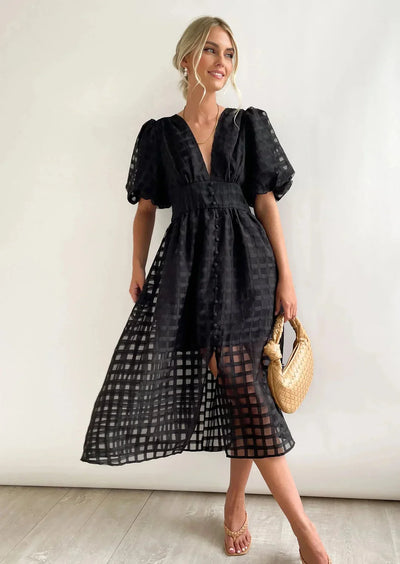 Nicole - Midi jurk met vierkante print en mouwen met ruches by Beauty
