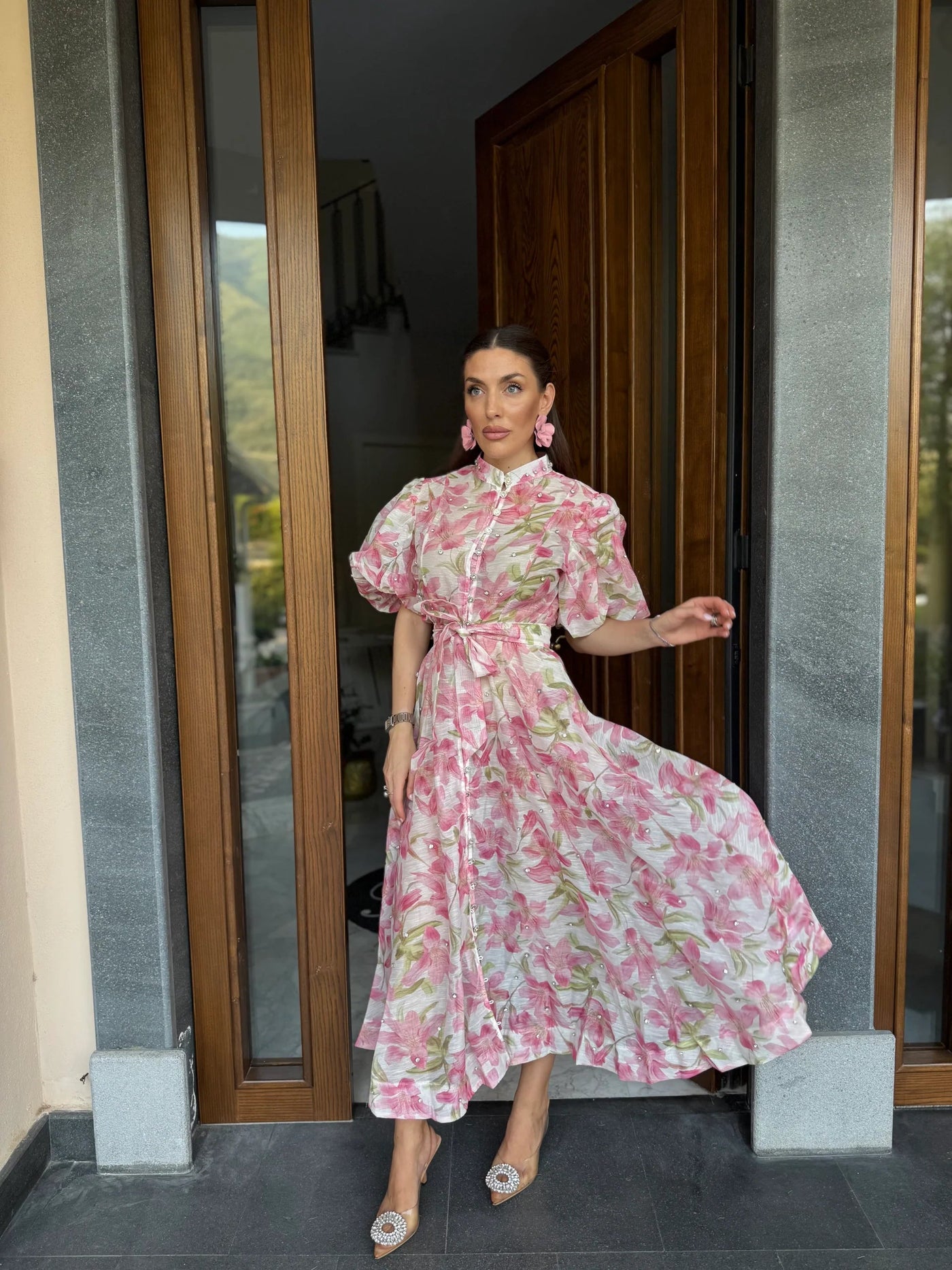 Boho maxi jurk met knopen ceintuur en wijde korte mouwen