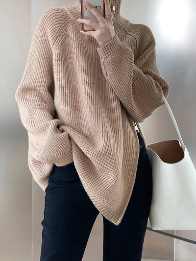 Vrouwen Zipper Hoge Hals Trui met Lange Mouwen en Loose Fit