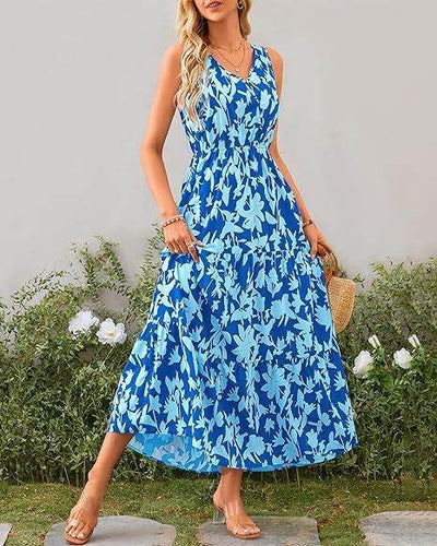 Elegante lange maxi jurk zonder mouwen met vloeiende uitstraling