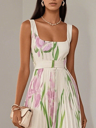 Elegante maxi jurk met schouderbanden, plissé rok en delicaat bloemenprint