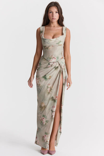 Vintage set met bloemenprint bestaande uit top met vetersluiting en lange rok