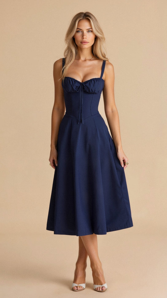 Elegante midi jurk met corset look en stijlvolle uitstraling