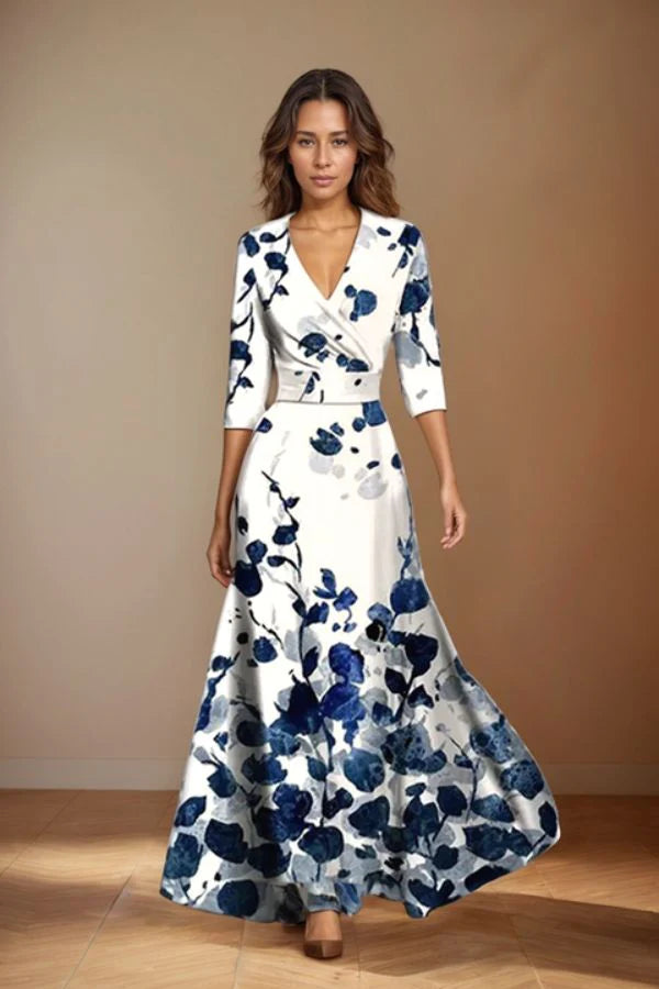 Lang dames maxi jurk met ceintuur en korte mouwen