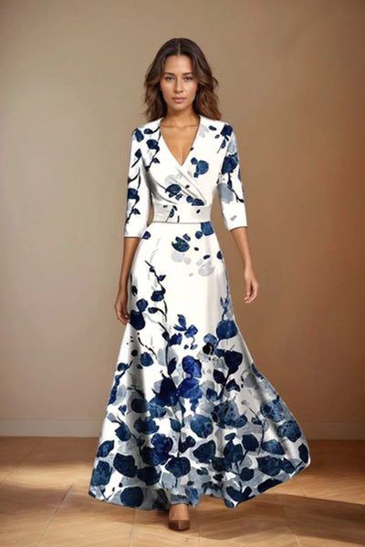 Lang dames maxi jurk met ceintuur en korte mouwen