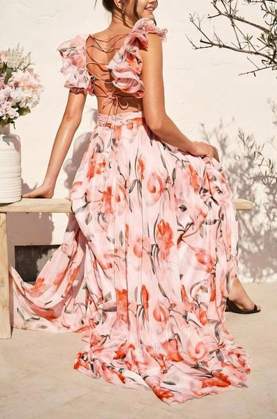 Maxi jurk met open rug en fijne bloemenmotieven in romantische stijl