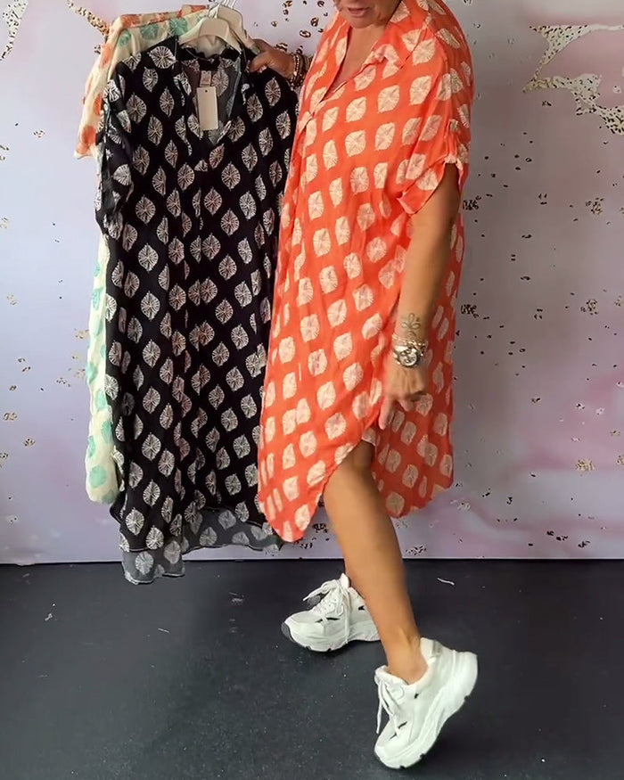 Elegante midi overhemdjurk met korte mouwen in boho stijl