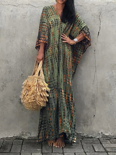 Bohemian maxi kaftanjurk met artistiek patroon en losvallend model
