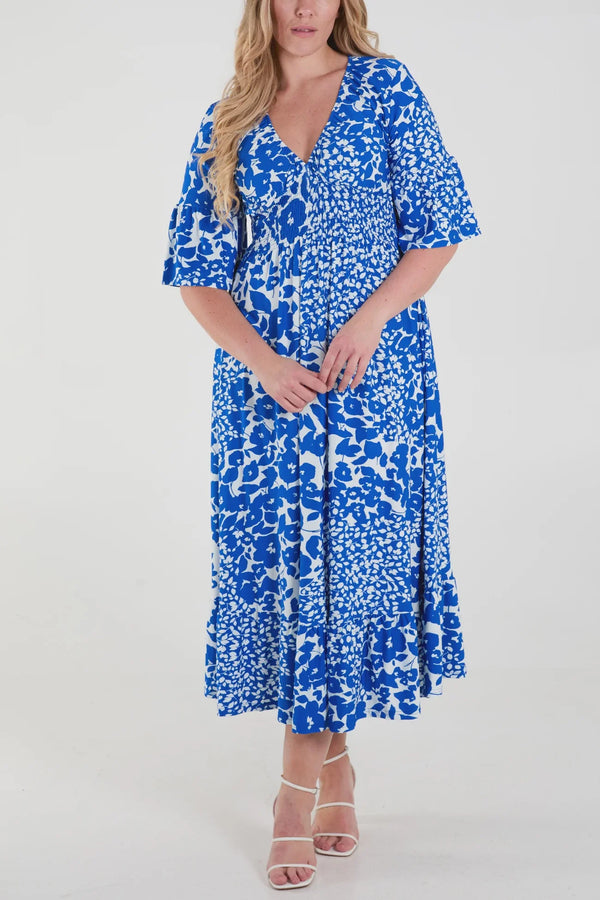 Lange casual damesjurk met print korte mouwen en moderne halslijn