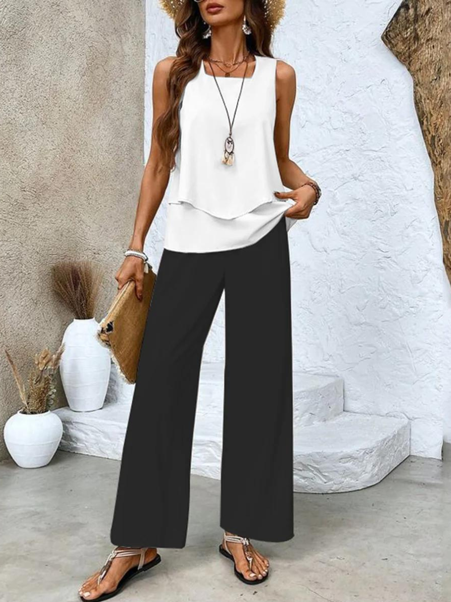 Zomers dames set met mouwloze top en wijde broek voor een elegante uitstraling