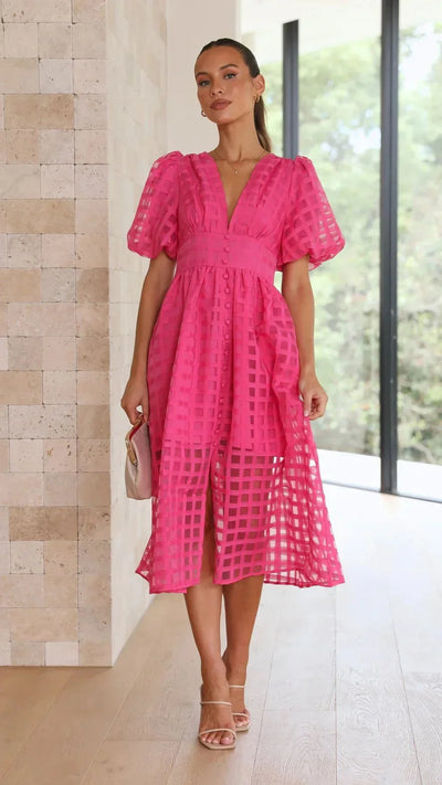 Nicole - Midi jurk met vierkante print en mouwen met ruches by Beauty
