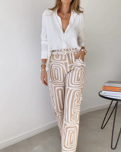 Andrea - Tweedelige set met reversoverhemd met lange mouwen en print, zonder riem