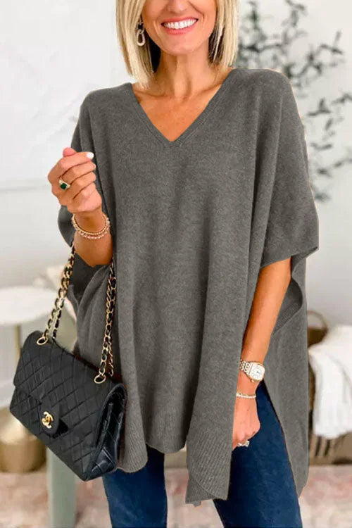 Jessica - Effen poncho-trui met V-hals, losse pasvorm en stijlvolle snit