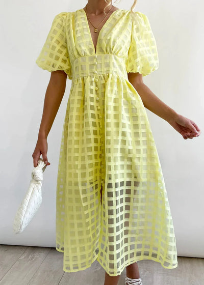 Nicole - Midi jurk met vierkante print en mouwen met ruches by Beauty