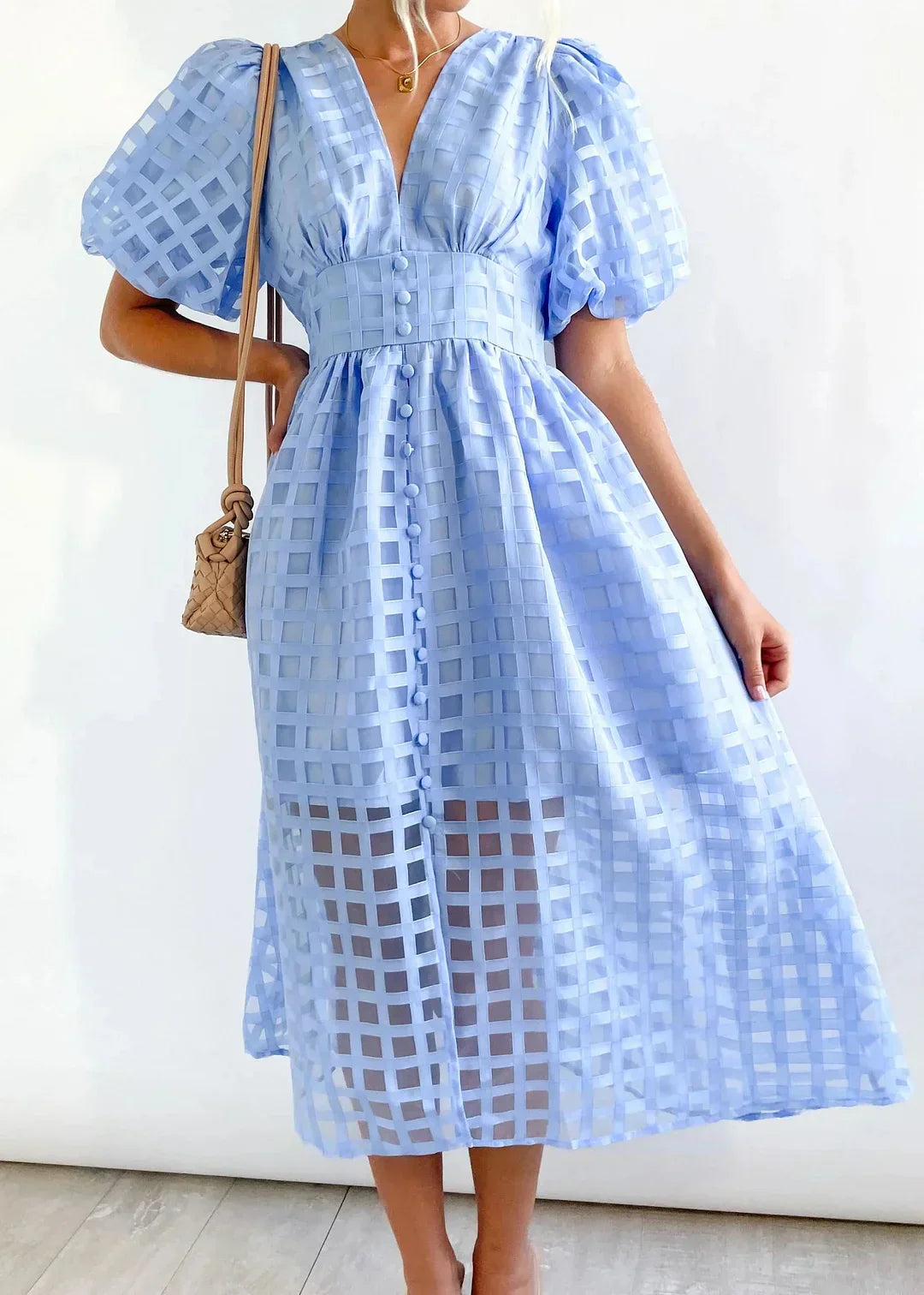 Nicole - Midi jurk met vierkante print en mouwen met ruches by Beauty