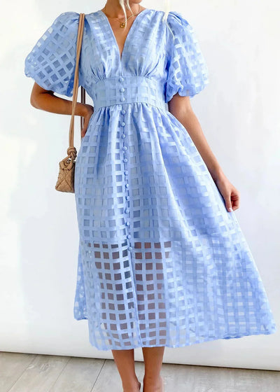 Nicole - Midi jurk met vierkante print en mouwen met ruches by Beauty