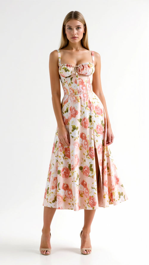Elegante midi jurk zonder mouwen met bloemenmotief