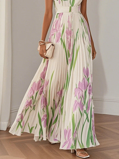 Elegante maxi jurk met schouderbanden, plissé rok en delicaat bloemenprint