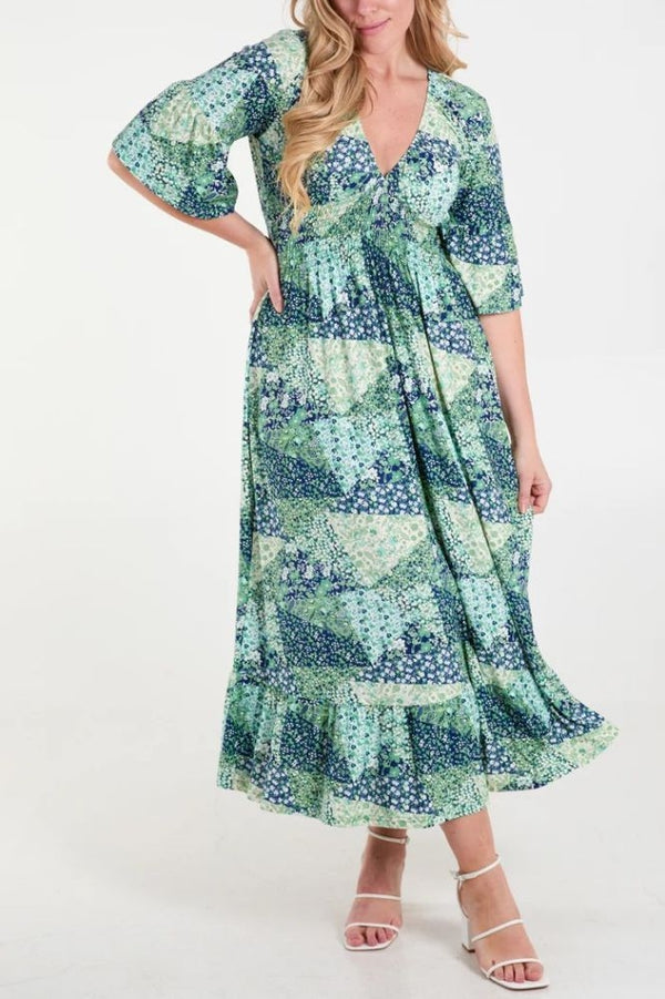 Lange casual damesjurk met print korte mouwen en moderne halslijn