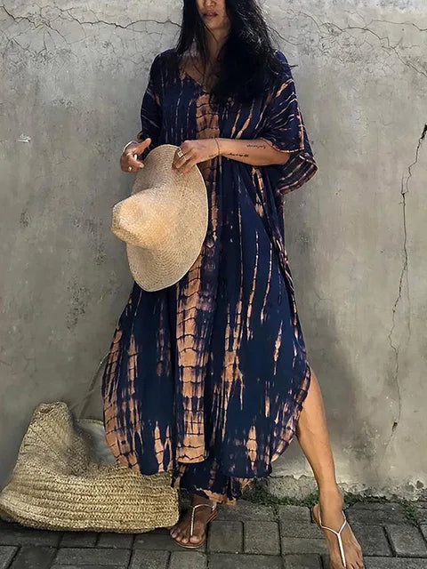 Bohemian maxi kaftanjurk met artistiek patroon en losvallend model