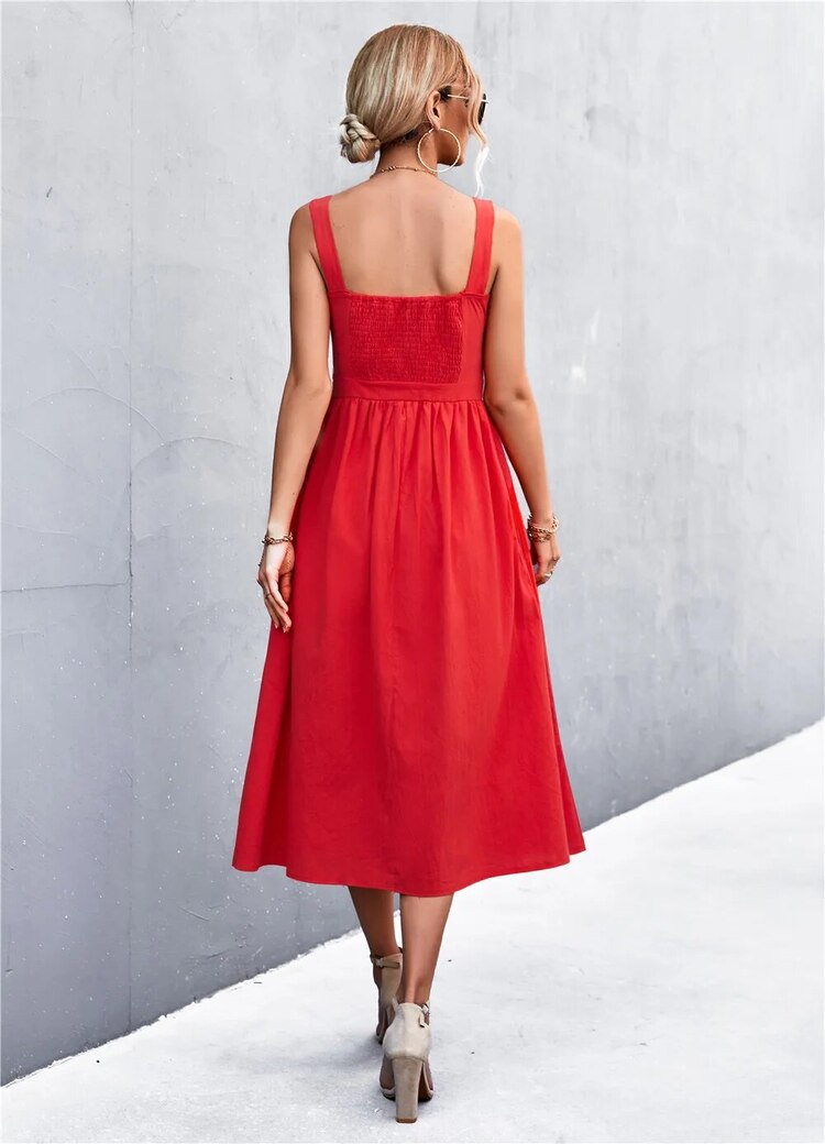 Mouwloze damesjurk met rechte halslijn en elegante midi lengte