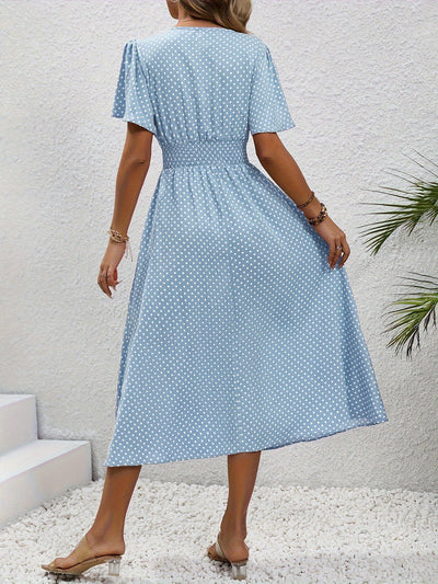 Elegante midi jurk met stippen en korte mouwen in A-lijn model