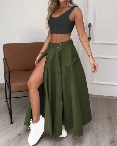 Emma - Mouwloze tweedelige set met split in effen kleur