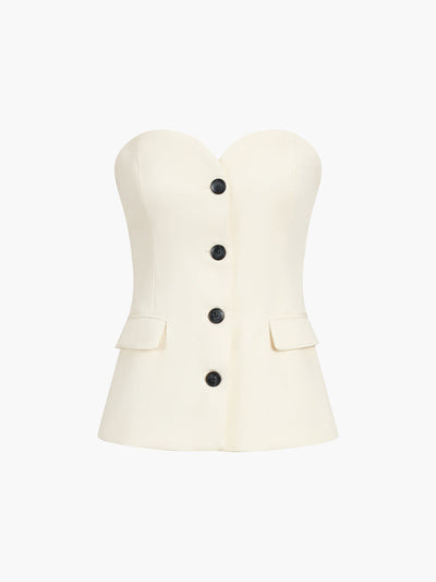 Stijlvolle en moderne dames set met straploze top met knopen en wijde broek