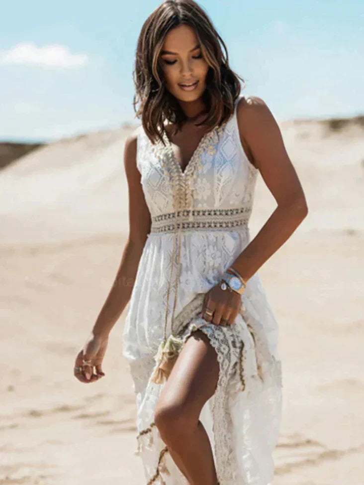 Boho maxi jurk zonder mouwen met fijne details