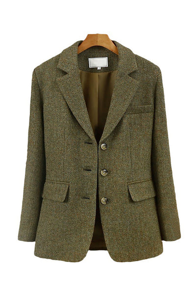 Elegante Groene Tweed Blazer voor Dames met Ingesneden Revers