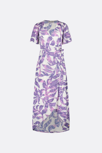 Nonchalant midi overslagjurk met ceintuur en korte wijde mouwen met print